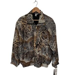 Vintage NWT 100% Silk Animal Print Leopard Tiger Kitty Bomber Jacket Large